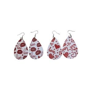 Earrings Heart Red Love Earrings Valentines Faux Leather Dangle Red White B1
